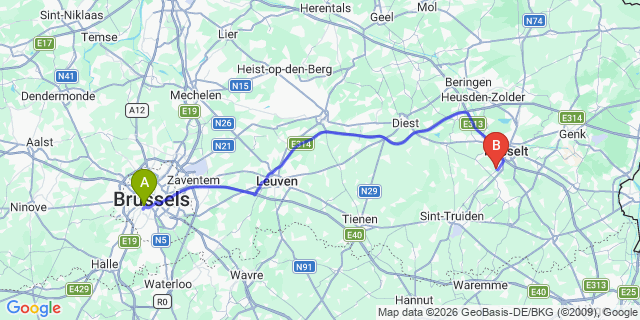 Map: Brussels Midi Train Station to ’s-Hertogenbosch (Den Bosch)