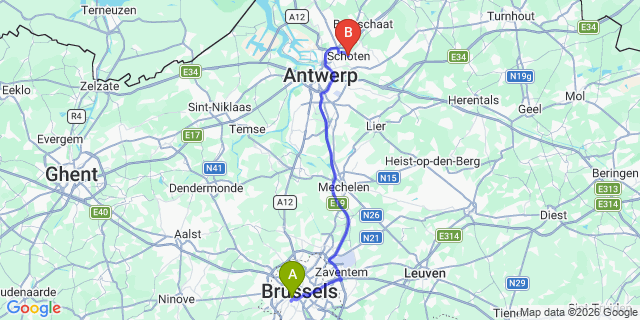 Map: Brussels Midi Train Station to Schoten