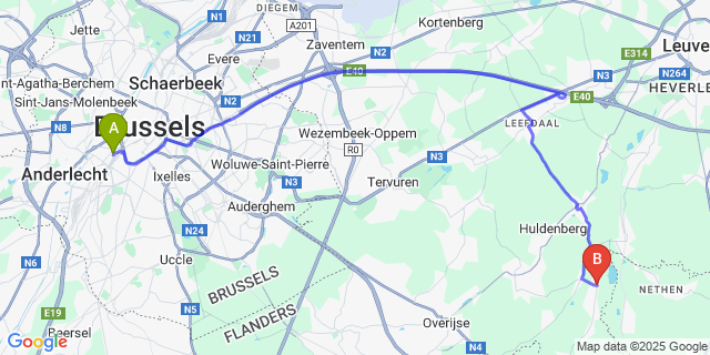 Map: Brussels Midi Train Station to Sint-Agatha-Rode