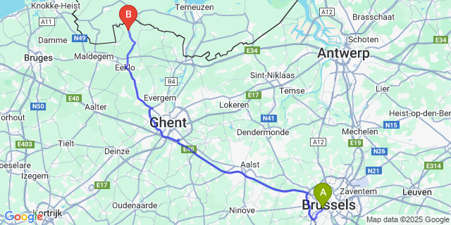 Map: Brussels Midi Train Station to Sint-Jan-In-Eremo