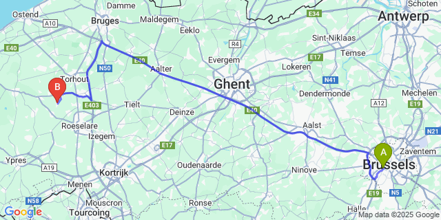 Map: Brussels Midi Train Station to Sint-Jozef-De Geite