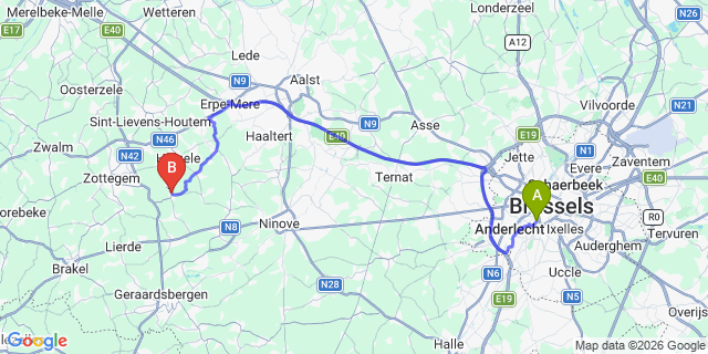 Map: Brussels Midi Train Station to Sint-Lievens-Esse