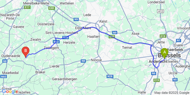 Map: Brussels Midi Train Station to Sint-Maria-Horebeke
