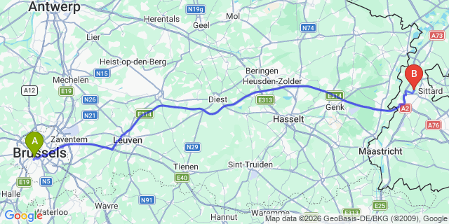 Map: Brussels Midi Train Station to Sittard-Geleen