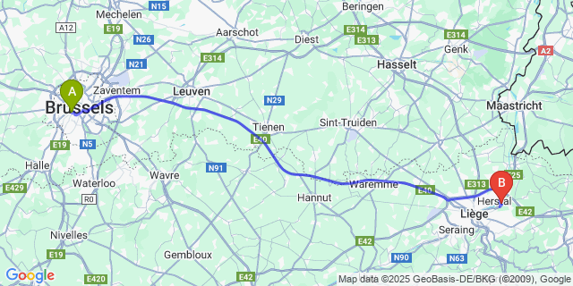Map: Brussels Midi Train Station to Souverain-Wandre