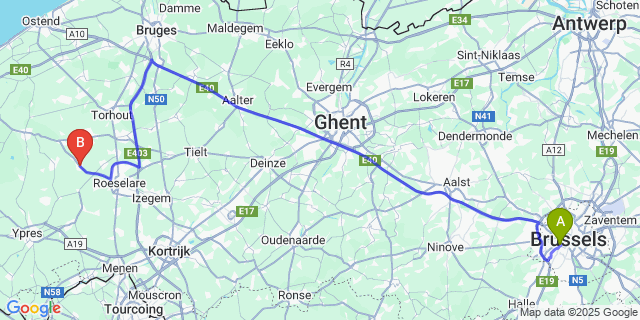 Map: Brussels Midi Train Station to Staden