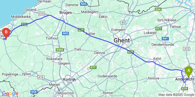 Map: Brussels Midi Train Station to Steenkerke
