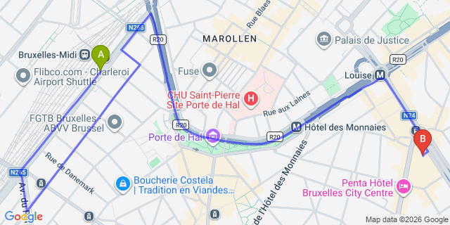 Map: Brussels Midi Train Station to Steigenberger Wiltcher’s, Brussels