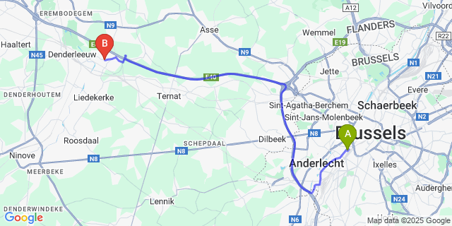 Map: Brussels Midi Train Station to Teralfene