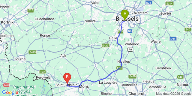 Map: Brussels Midi Train Station to Tertre