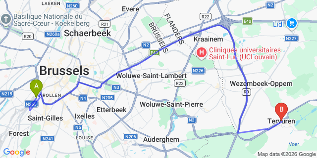 Map: Brussels Midi Train Station to Tervuren