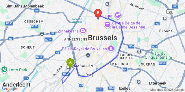 Map: Brussels Midi Train Station to The Legacy by 2go4 City Center, Brussels