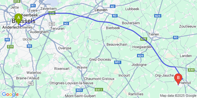 Map: Brussels Midi Train Station to Thisnes