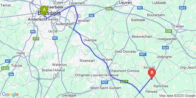 Map: Brussels Midi Train Station to Thorembais-les-Beguines