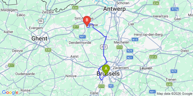 Map: Brussels Midi Train Station to Tielrode