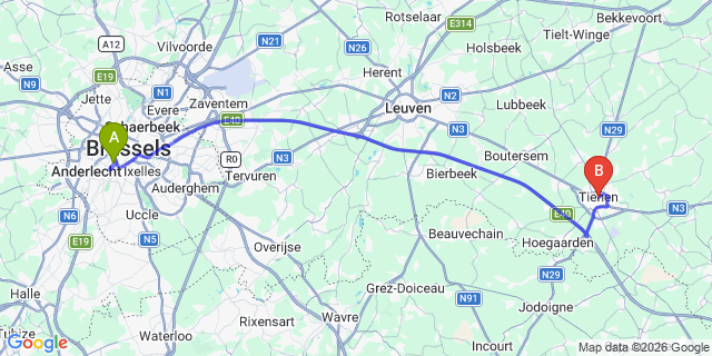 Map: Brussels Midi Train Station to Tienen