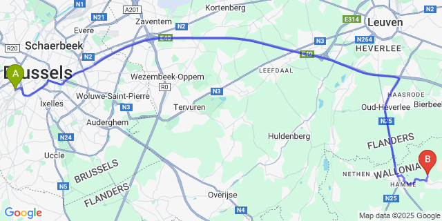 Map: Brussels Midi Train Station to Tourinnes-la-Grosse