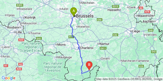 Map: Brussels Midi Train Station to Treignes