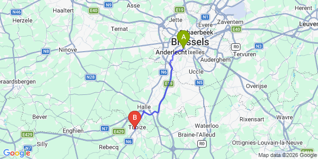 Map: Brussels Midi Train Station to Tubize