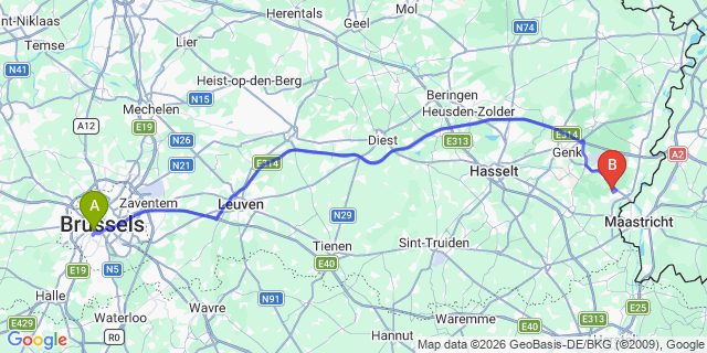 Map: Brussels Midi Train Station to Uden