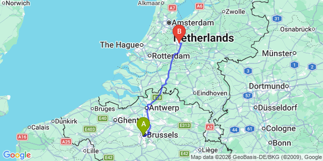 Map: Brussels Midi Train Station to Utrecht