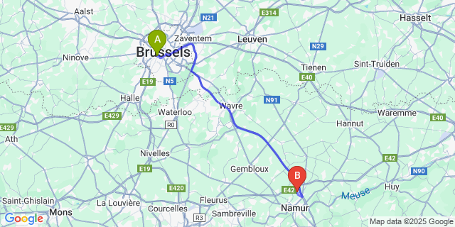 Map: Brussels Midi Train Station to Vedrin