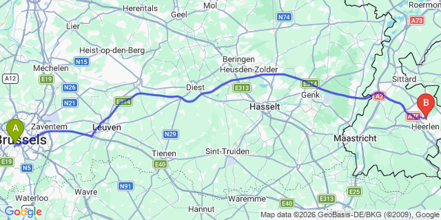 Map: Brussels Midi Train Station to Venray