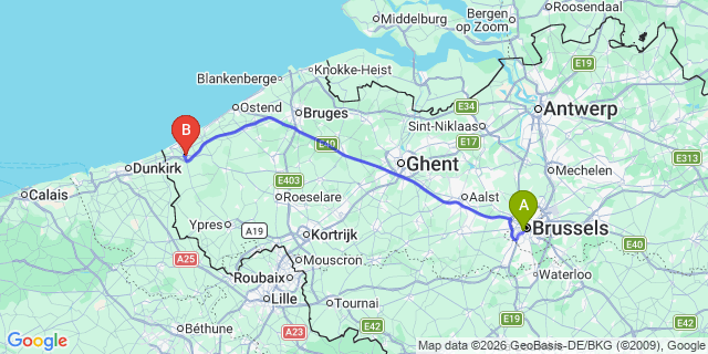 Map: Brussels Midi Train Station to Veurne