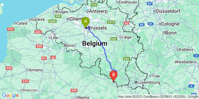 Map: Brussels Midi Train Station to Villers-Devant-Orval