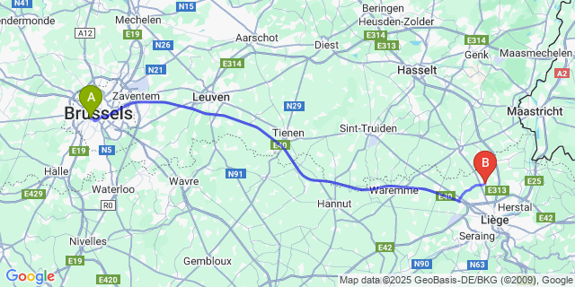 Map: Brussels Midi Train Station to Villers-Saint-Siméon