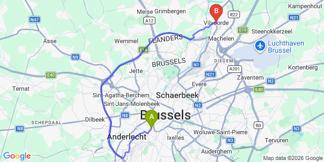 Map: Brussels Midi Train Station to Vilvoorde