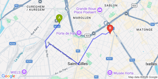 Map: Brussels Midi Train Station to Vintage Hotel Brussels