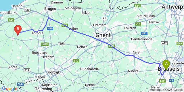 Map: Brussels Midi Train Station to Vladslo