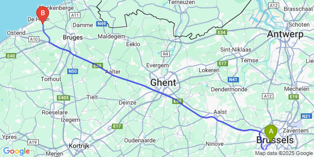 Map: Brussels Midi Train Station to Vlissegem