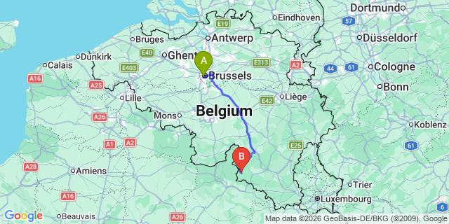 Map: Brussels Midi Train Station to Vresse-sur-semois