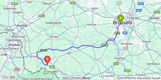 Map: Brussels Midi Train Station to Wasmes-Audemez-Briffoeil