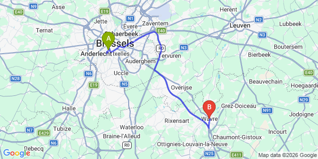 Map: Brussels Midi Train Station to Wavre