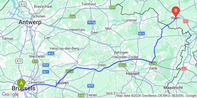 Map: Brussels Midi Train Station to Weert