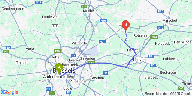 Map: Brussels Midi Train Station to Wespelaar