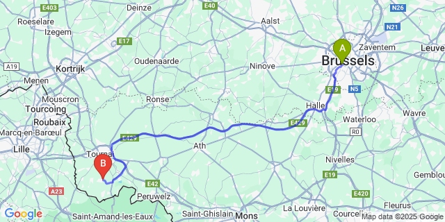 Map: Brussels Midi Train Station to Wez-Velvain