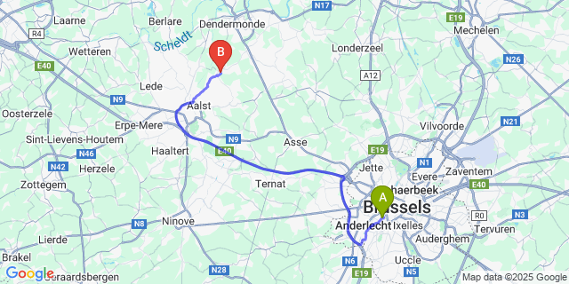 Map: Brussels Midi Train Station to Wieze