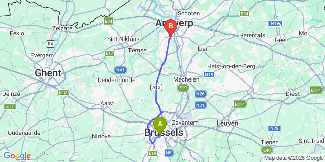 Map: Brussels Midi Train Station to Wilrijk