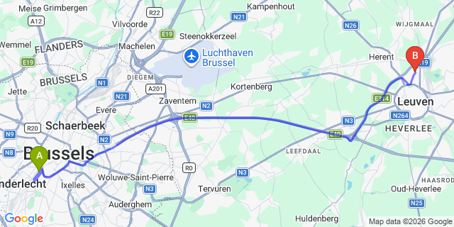 Map: Brussels Midi Train Station to Wilsele