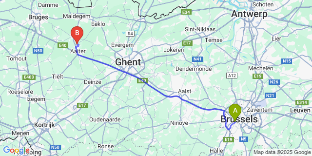 Map: Brussels Midi Train Station to Woestijne