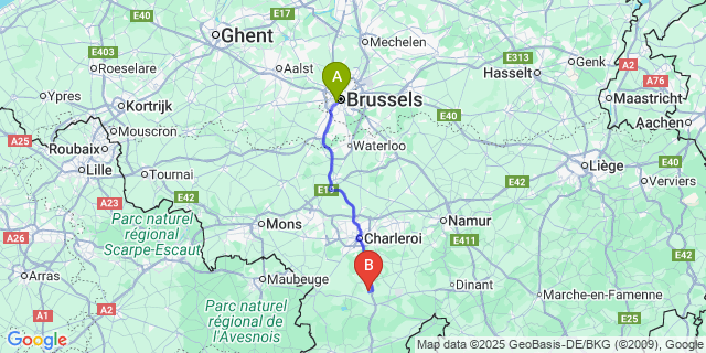 Map: Brussels Midi Train Station to Yves-Gomezée