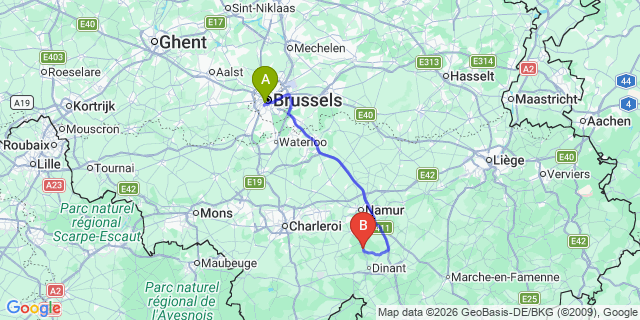 Map: Brussels Midi Train Station to Yvoir