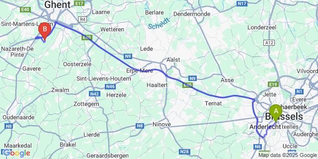 Map: Brussels Midi Train Station to Zevergem