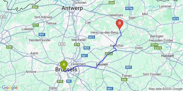 Map: Brussels Midi Train Station to Zoerle-Parwijs