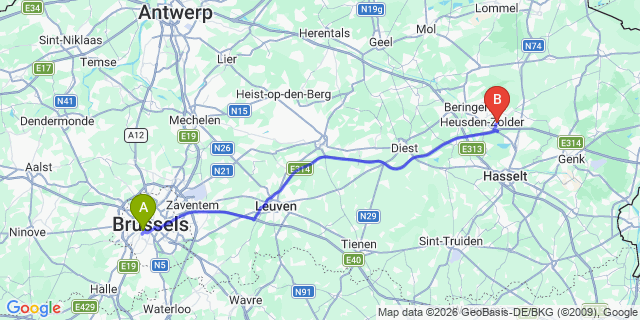 Map: Brussels Midi Train Station to Zolder