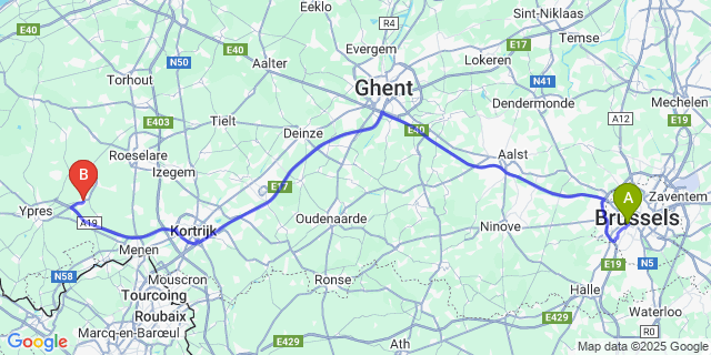Map: Brussels Midi Train Station to Zonnebeke
